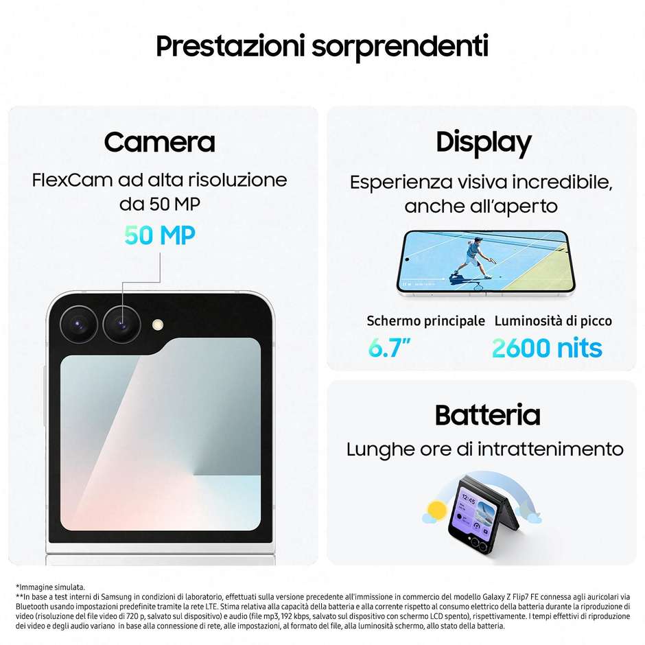 Samsung Galaxy Z Flip 7 FE Smartphone 5G 3,4" / 6,7" Ram 8 GB Memoria 128 GB Colore Bianco