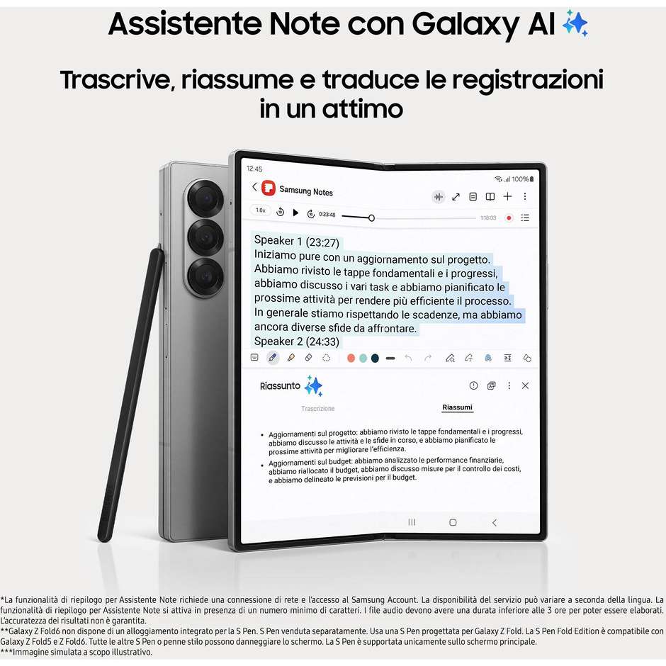 Samsung Galaxy Z Fold 6 Smartphone 5G  6,3"/7,6" Ram 12 GB Memoria 512 GB Android Colore Argento