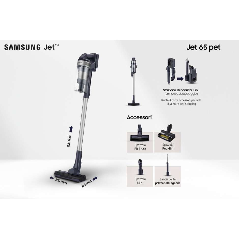 Samsung Jet 60 Turbo VS15A60AGR Aspirapolvere Senza Filo 410W 150AW Jet Cyclone Leggero Titanio e Nero