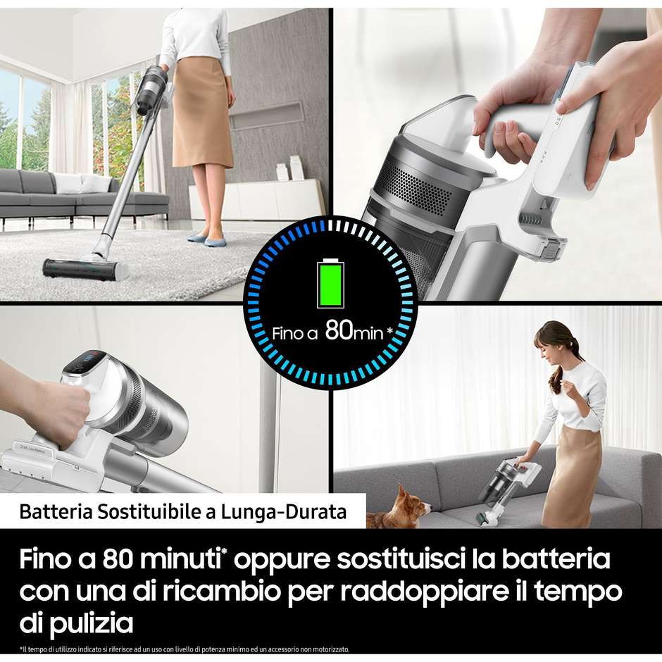 Samsung Jet 70 Easy VS15T7031R4 Scopa Elettrica Ricaricabile 410W 150AW Supporto 2-in-1 Bianco e Nero
