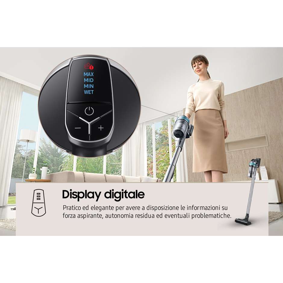 Samsung Jet 75E Complete VS20B75AGR Aspirapolvere Senza Filo 550W 200AW Display Digitale Nero e Petrolio