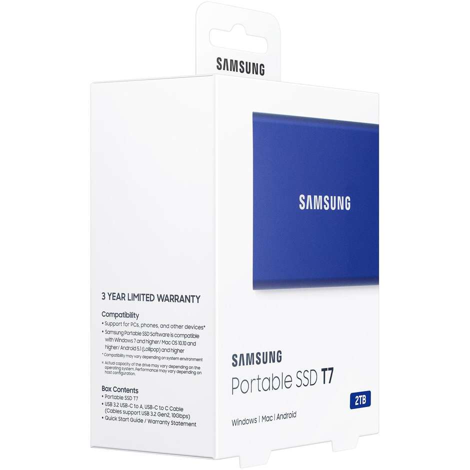 Samsung MU-PC2T0H Portable SSD T7 Memoria 2 TB USB tipo-C 3.2 Gen 2 (3.1 Gen 2) Colore Blu