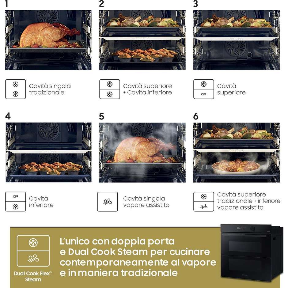 Samsung NV7B5760WBK Serie 5 Forno Dual Cook Flex da Incasso 76 Litri Vapore Catalitico Wi-Fi SmartThings Classe A+ Nero