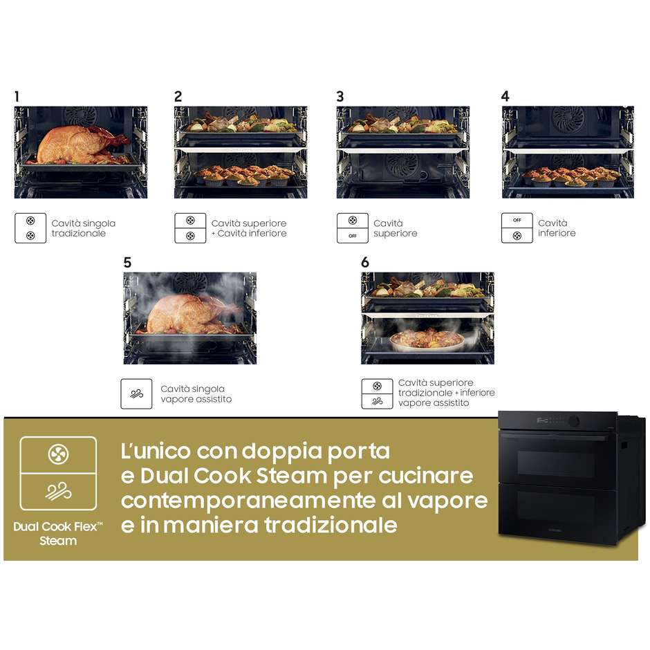 Samsung NV7B5760WBK/U5 forno Dual Cook Flex Steam Serie 5 da 76 L, vetro nero e Wi-Fi