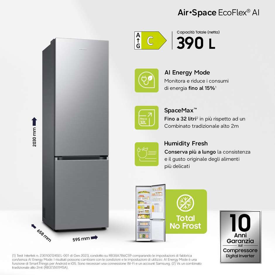 Samsung RB38C600CS9 Frigorifero Combinato EcoFlex AI Total No Frost C Acciaio inox