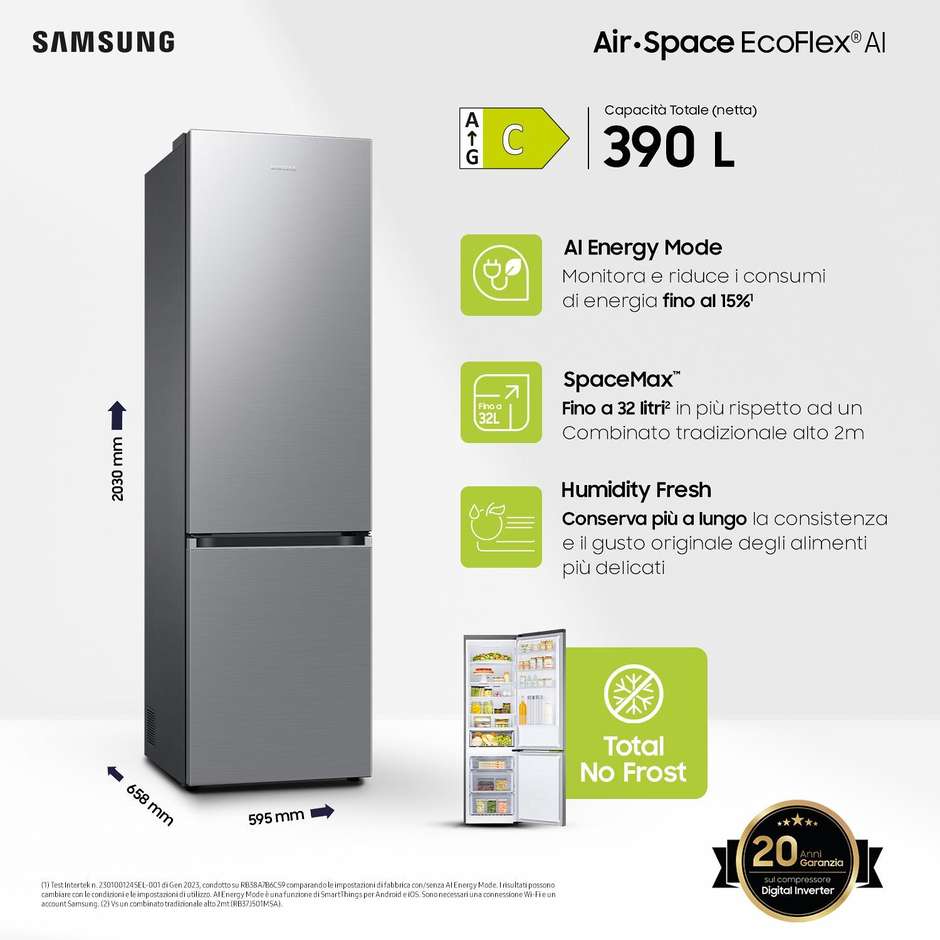 Samsung RB38C600CS9 Frigorifero Combinato EcoFlex AI Total No Frost C Acciaio inox