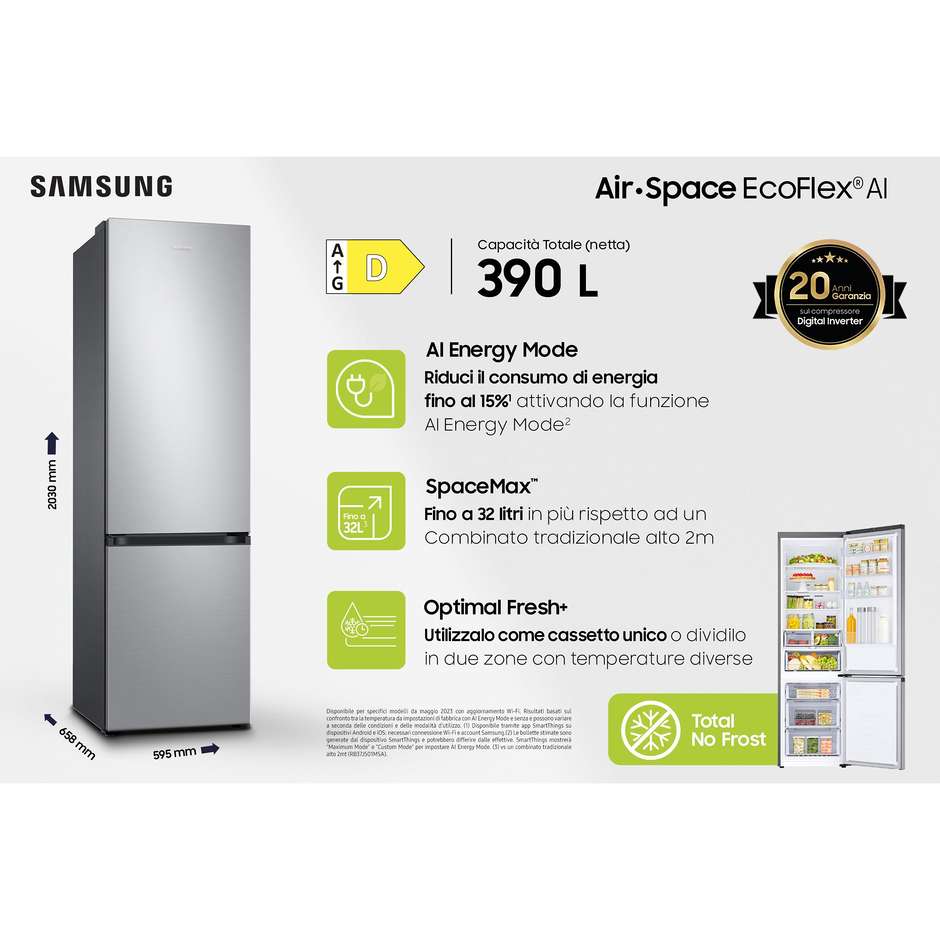 Samsung RB38C603DSA Frigorifero Combinato Capacita 390 Lt Wifi Classe D Colore Inox