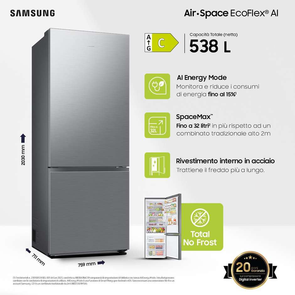 Samsung RB53DG706CS9EF Frigorifero a Libera installazione Capacita 538 Lt Classe C Colore Acciaio inox