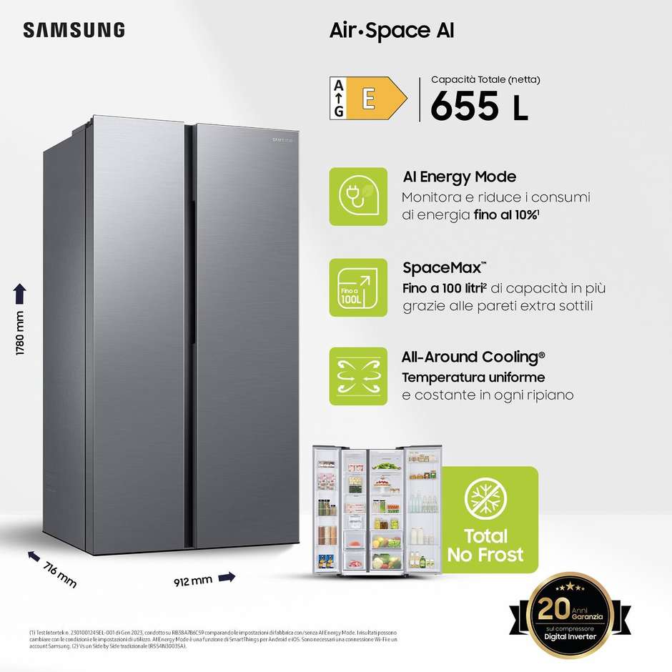 Samsung RS62DG5003S9 Frigorifero Side-by-side Libera installazione Capacita 655 Lt Classe E Colore  Acciaio inox