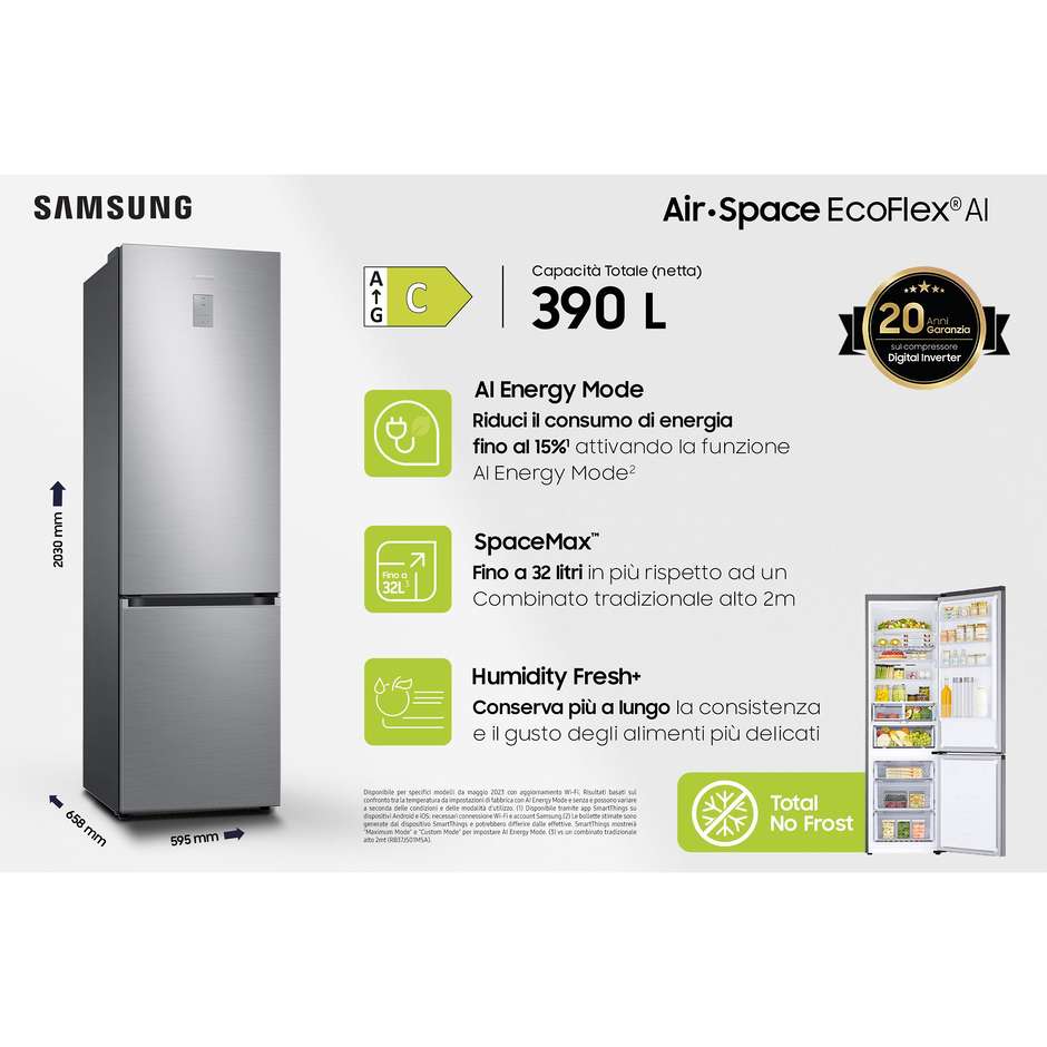 Samsung SpaceMax RB38C675CS9 Frigorifero Combinato Wi-Fi SmartThings Optimal Fresh+ 390 L Classe C Inox