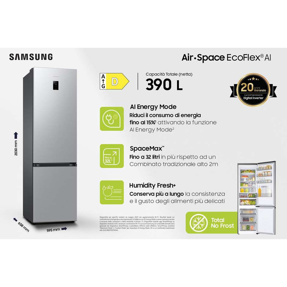 Samsung SpaceMax RB38C774DSA Frigorifero Combinato Wi-Fi AI Energy Optimal Fresh+ 390 L Inox