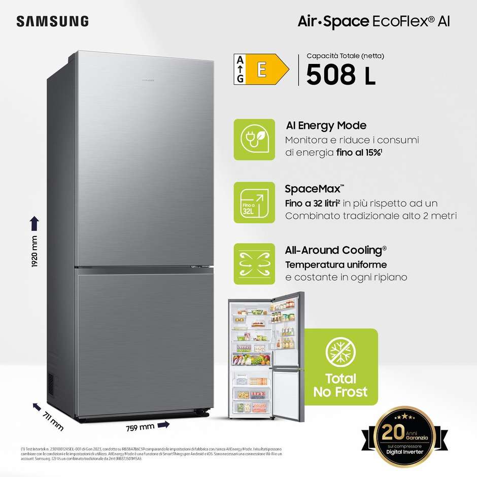 Samsung SpaceMax RB50DG602ES9 Frigorifero Combinato Formato 76 cm 508 L Classe E Inox