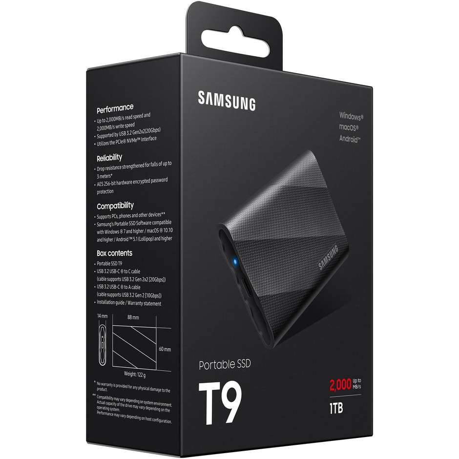 Samsung SSD portatile T9 da 1 TB, USB-C 3.2 Gen 2x2 nero