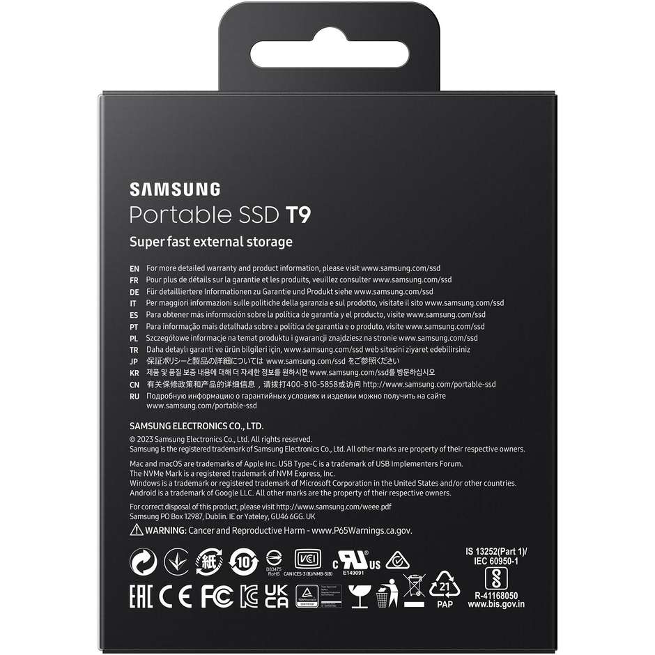 Samsung T9 1TB (MU-PG1T0B/EU) SSD Portatile Esterno USB 3.2 Gen 2x2 2000 MB/s Rivestimento Gomma Nero