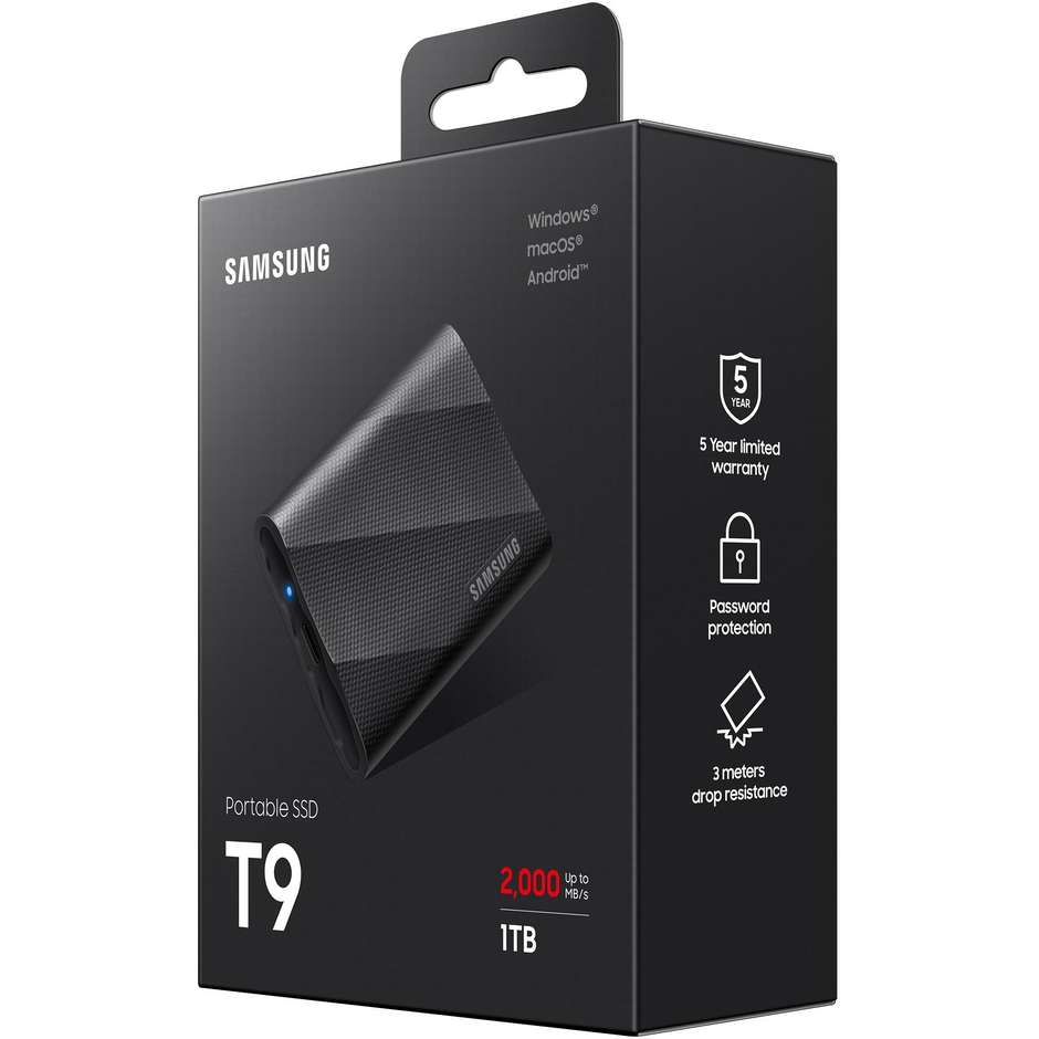Samsung T9 1TB (MU-PG1T0B/EU) SSD Portatile Esterno USB 3.2 Gen 2x2 2000 MB/s Rivestimento Gomma Nero