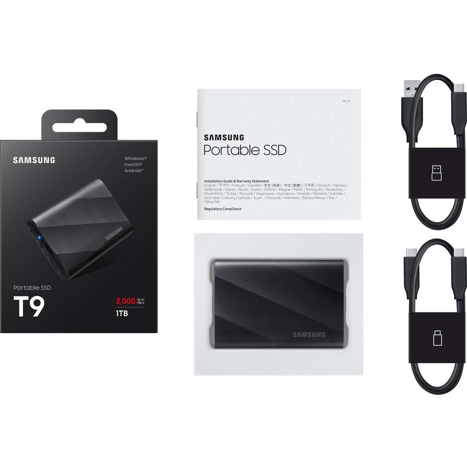 Samsung T9 1TB (MU-PG1T0B/EU) SSD Portatile Esterno USB 3.2 Gen 2x2 2000 MB/s Rivestimento Gomma Nero
