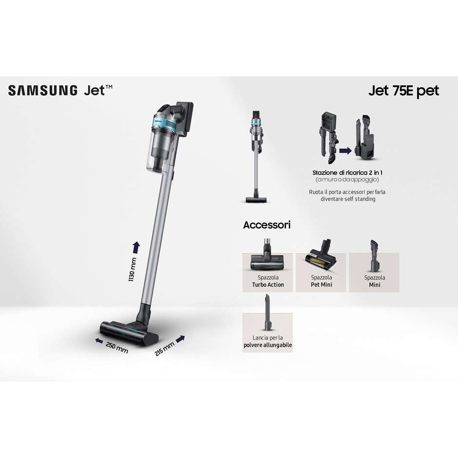 Samsung VS20B75AGR Scopa Elettrica Ricaricabile Senza Fili Ciclonica 200 W 0,8 L Nero/Menta