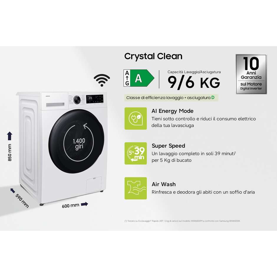 Samsung WD90HG5U34BEET Lavasciuga Carica Frontale 9+6 kg 1400 giri Bianco