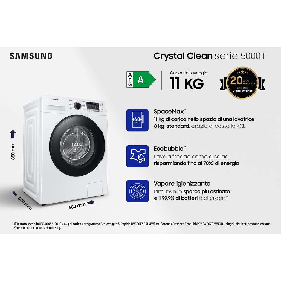 Samsung WW11BGA046ATET Lavatrice Carica frontale Capacità 11 Kg 1400 Giri/min Classe A Colore Bianco