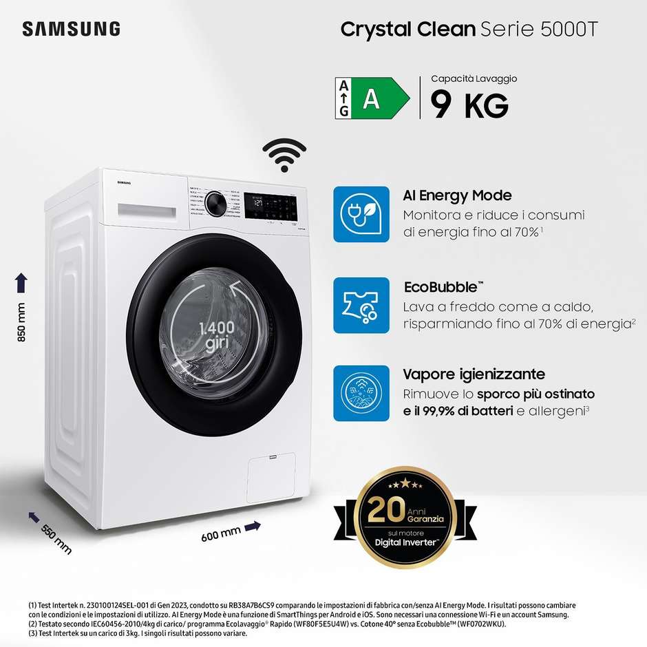 SAMSUNG WW90CGC04DAE Lavatrice Carica frontale 60 cm 9 kg 1400 Giri/min Motore Inverter Smart Wi-Fi Classe A