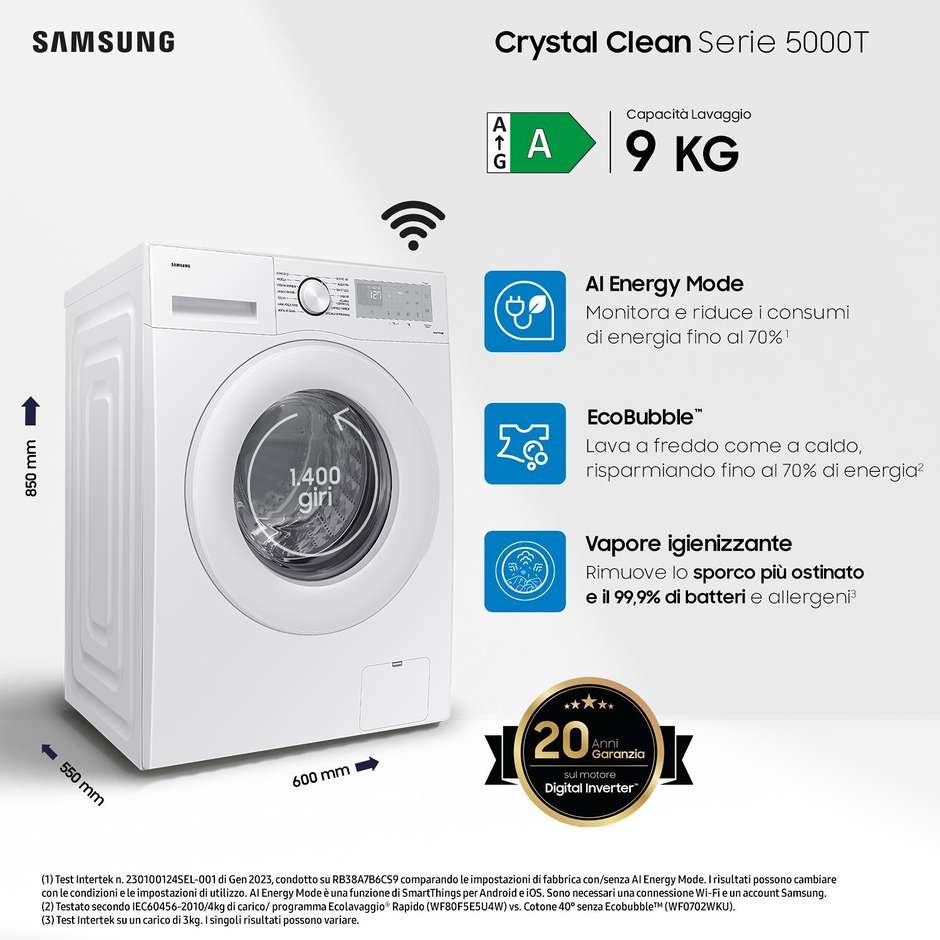 Samsung WW90CGC04DTH Lavatrice Carica frontale Capacita 9 Kg 1400 Giri/min Classe A Colore Bianco