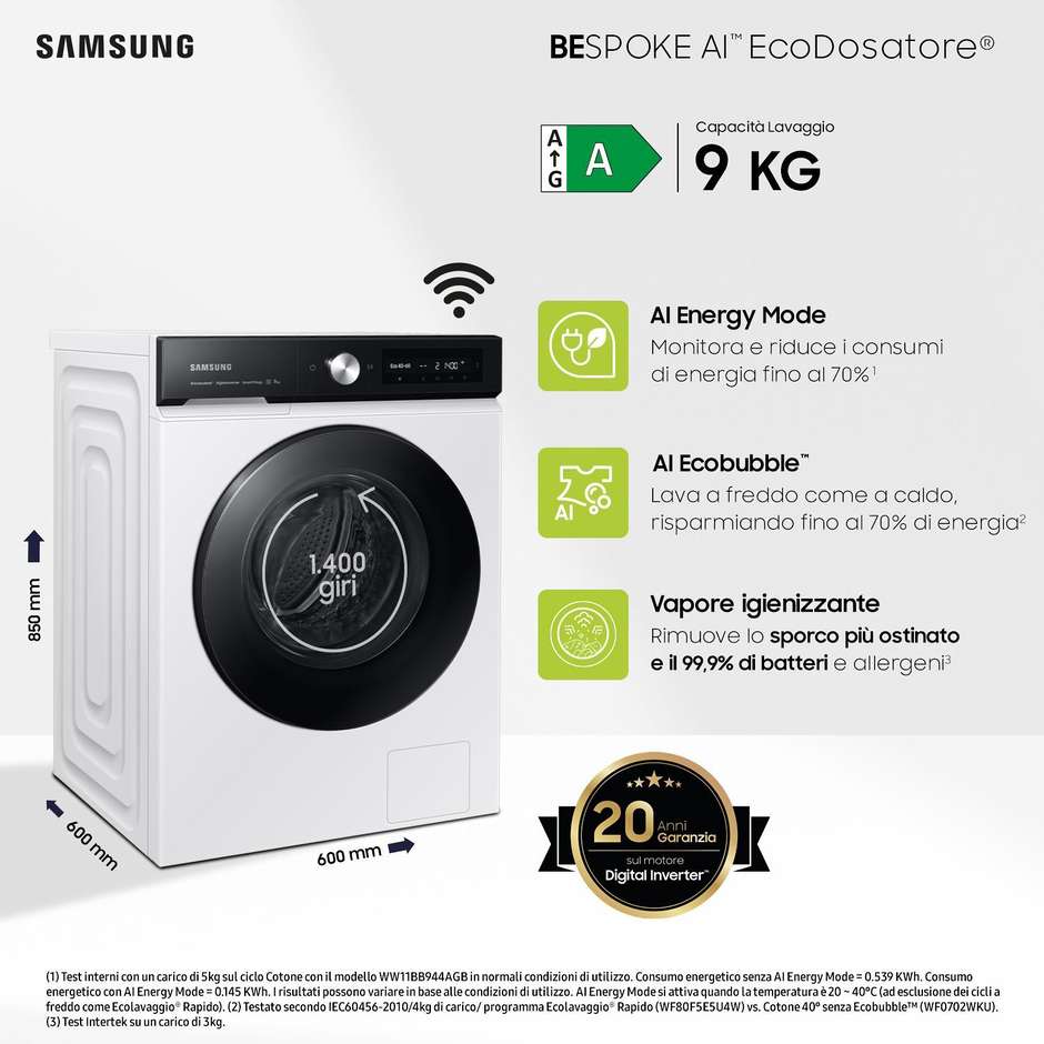 Samsung WW90DB7U94GEU3 Lavatrice Carica frontale Capacita 9 kg 1400 Giri/min Classe A Colore Bianco