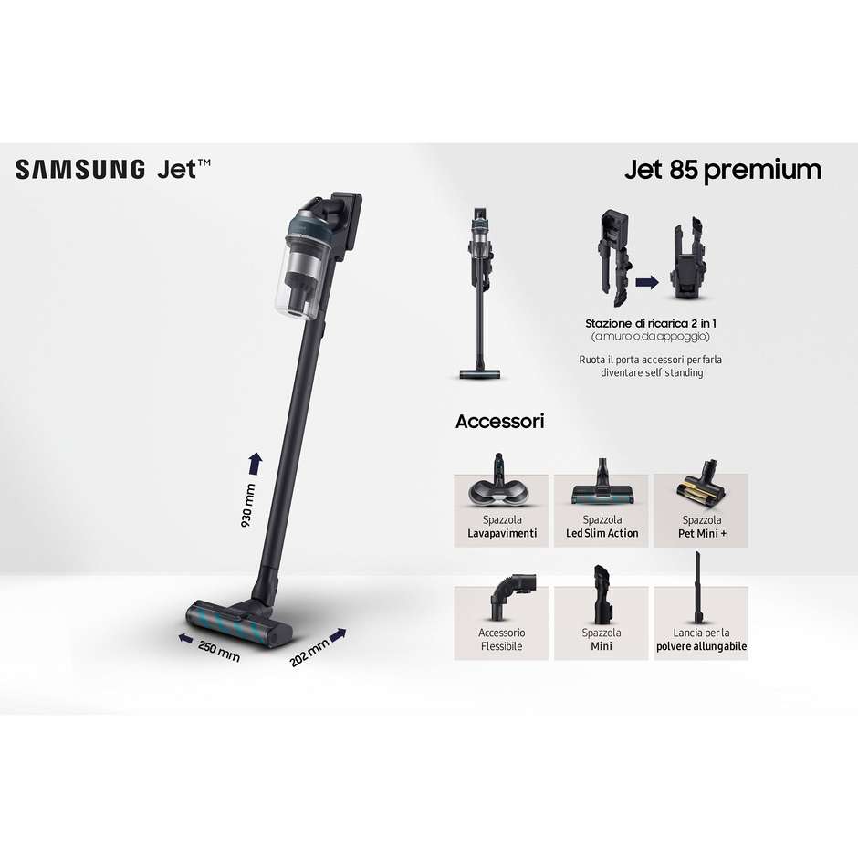 SamsungVS20C852FTB/WA  Aspirapolvere senza filo Jet 85 premium Potenza 210 W Colore Nero, Blu