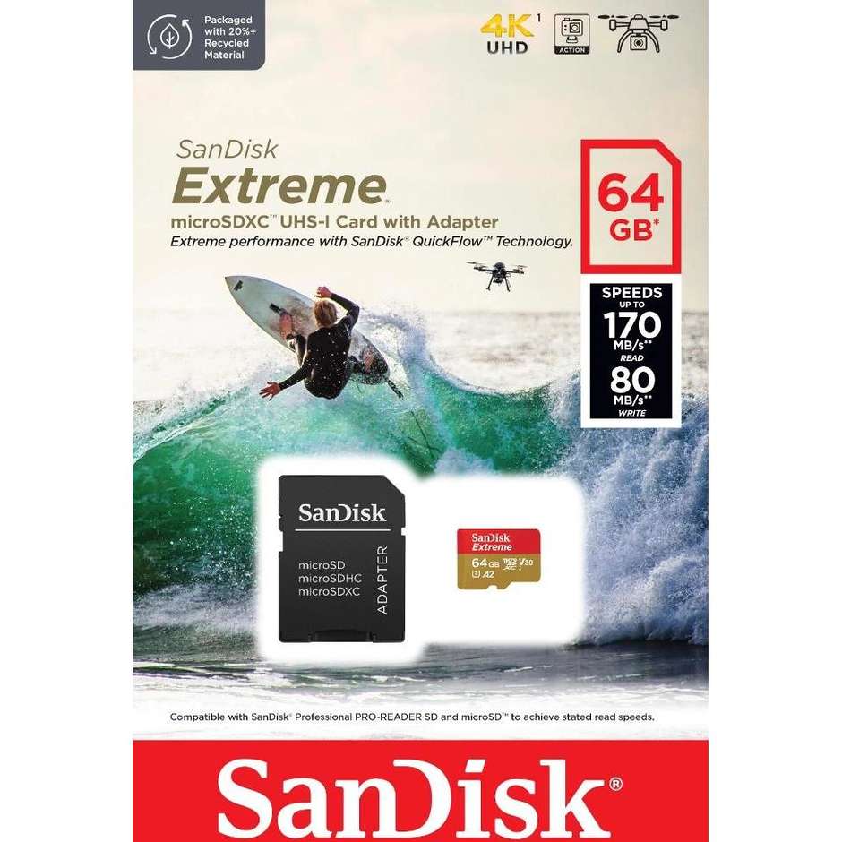 SanDisk Extreme MicroSDXC 64 GB UHS-I U3 V30 A2 4K UHD fino a 170 MB/s Oro/Rosso