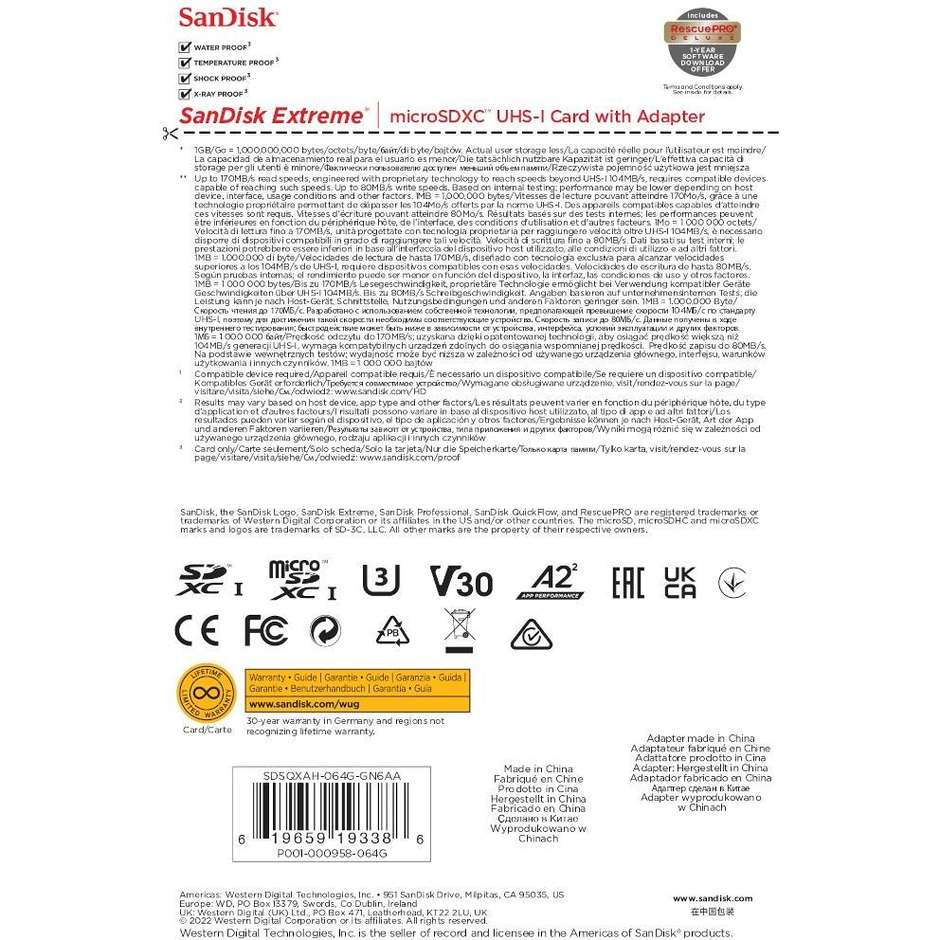 SanDisk Extreme microSDXC 64 GB UHS-I U3 V30 A2 con adattatore SD