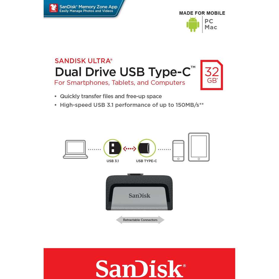 SanDisk Ultra Dual Drive USB Type-C 32 GB Doppio Connettore USB-C e USB-A Retrattile fino a 150 MB/s (SDDDC2-032G)