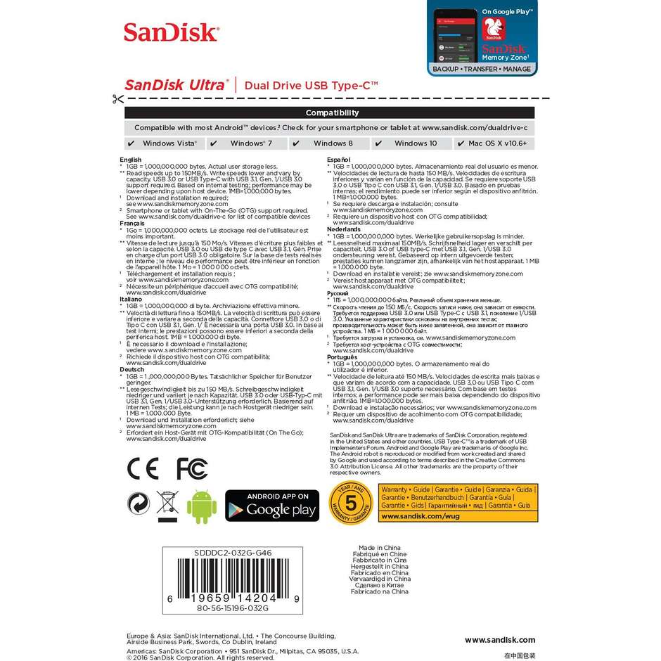 SanDisk Ultra Dual Drive USB Type-C unità flash USB Memoria 32 GB USB Type-A / USB Type-C 3.2 Gen 1 (3.1 Gen 1) Colore Nero, Argento