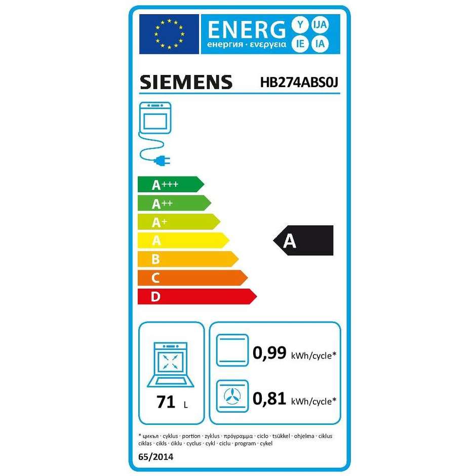 Siemens HB274ABS0J iQ300 forno elettrico multifunzione da incasso 71 litri classe A pirolitico colore inox