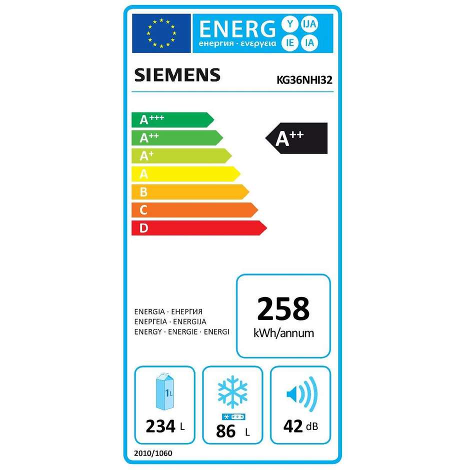 Siemens KG36NHI32 frigorifero combinato 320 litri classe A++ No Frost inox
