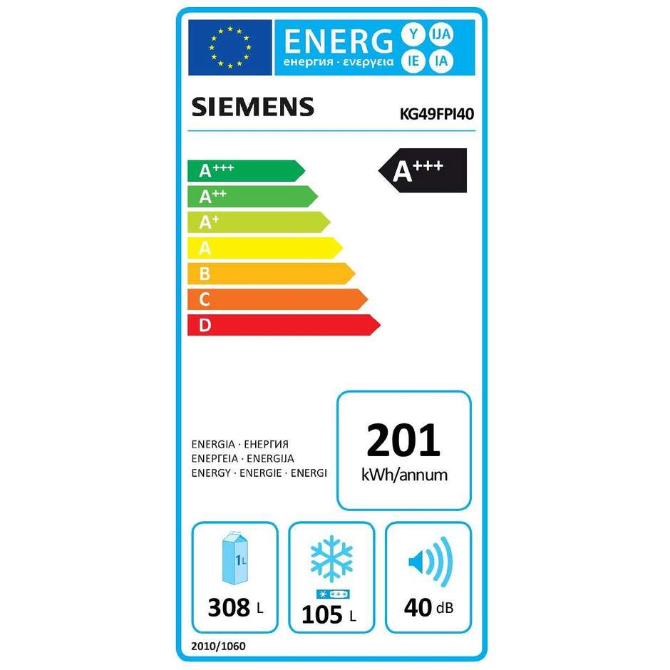 Siemens KG49FPI40 frigorifero combinato 413 litri classe A+++ No Frost inox