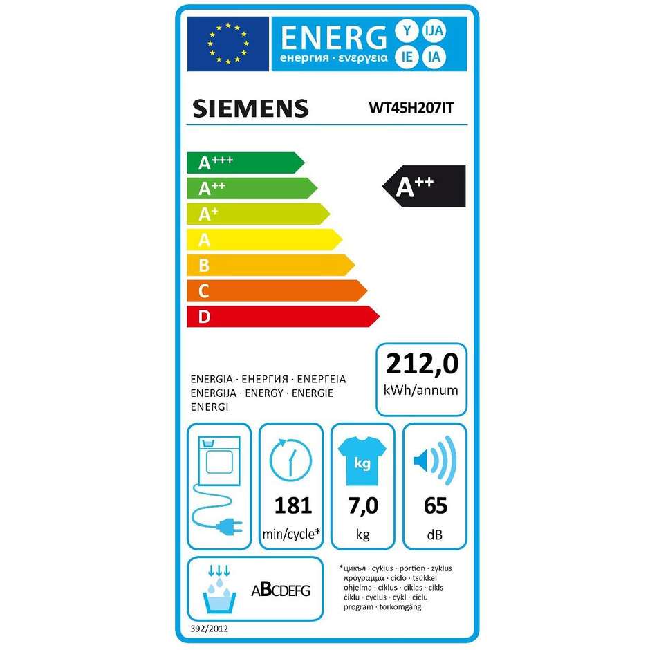 Siemens WT45H207IT asciugabiancheria a pompa di calore 7 Kg classe A++ colore bianco