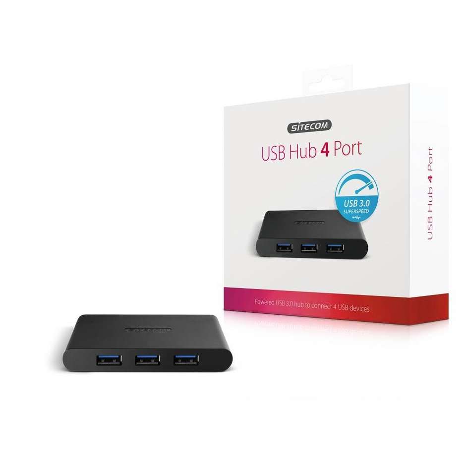 Sitecom CN-083 Hub USB 3.0 a 4 Porte Type-A con Alimentatore da Parete Dedicato Nero