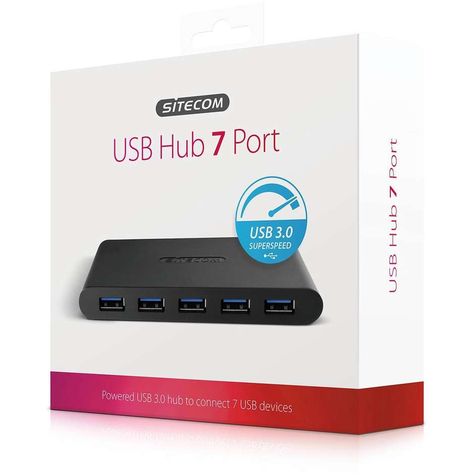 Sitecom CN-084 Hub USB 3.0 a 7 Porte Type-A con Alimentatore di Rete Esterno Incluso Nero
