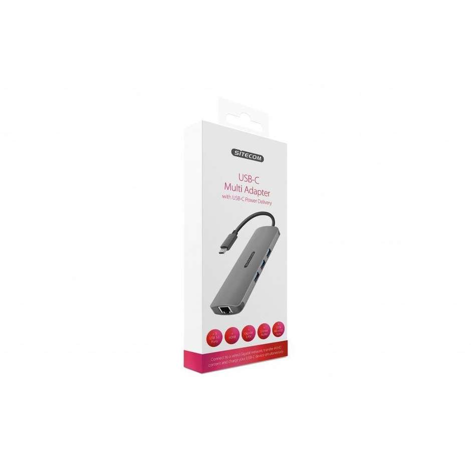 Sitecom CN-382 Adattatore USB-C HDMI 4K Gigabit LAN e lettore SD microSD grigio