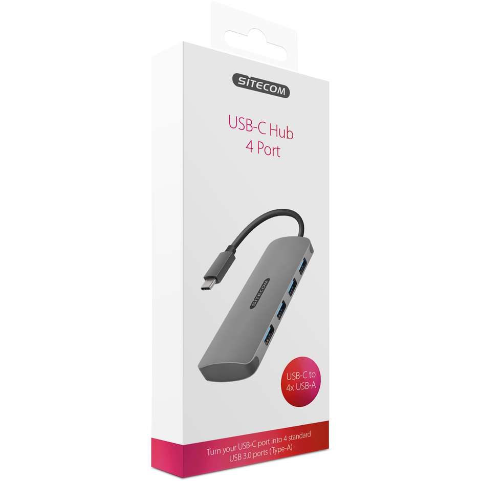 Sitecom CN-383 Hub USB-C a 4 Porte USB 3.0 Type-A SuperSpeed 5 Gbps Alluminio Grigio Siderale