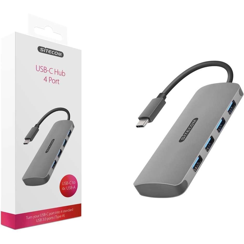 Sitecom CN-383 Hub USB-C a 4 Porte USB 3.0 Type-A SuperSpeed 5 Gbps Alluminio Grigio Siderale