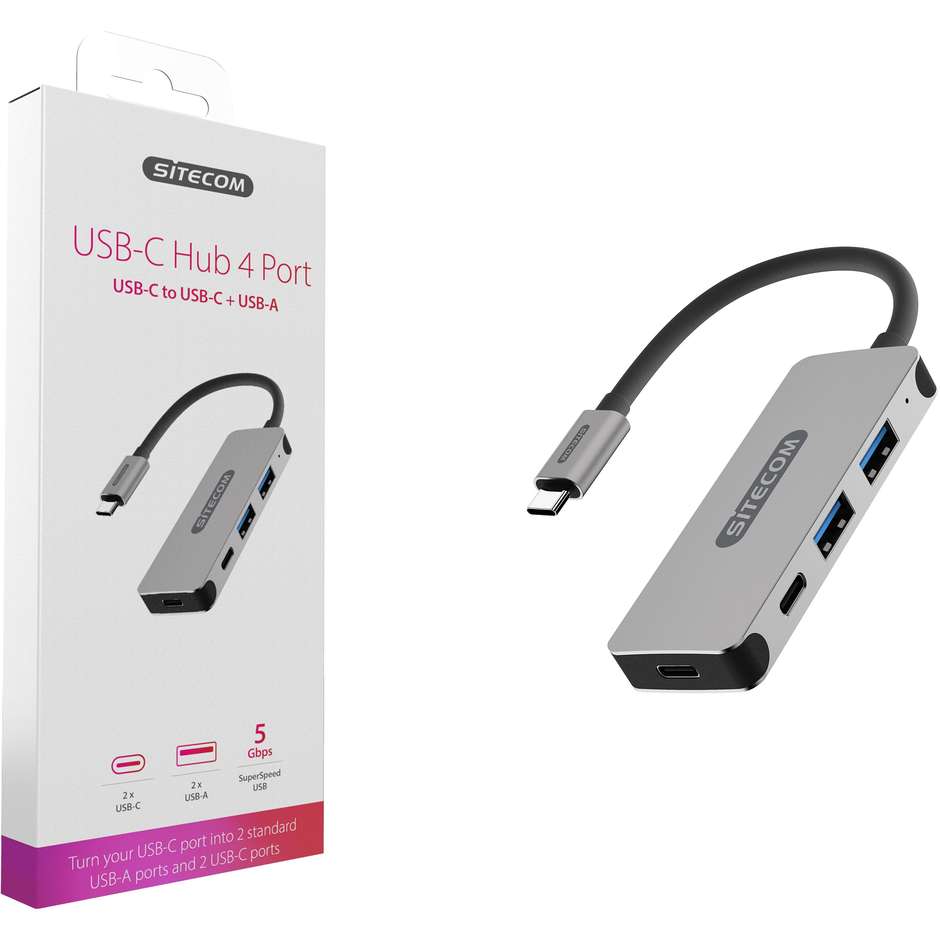 Sitecom CN-384 Hub USB-C 4 porte colore alluminio e nero