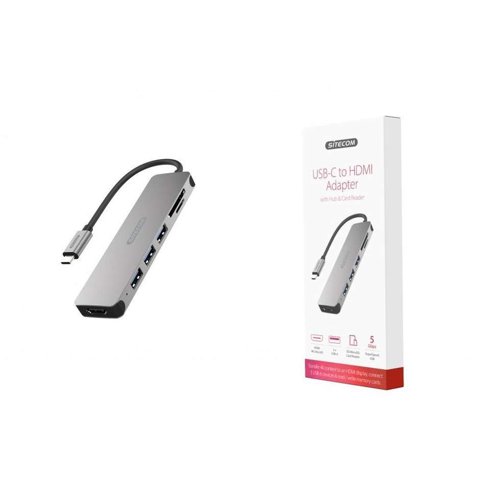 Sitecom CN-407 Adattatore Hub USB-C con Porta Gigabit Ethernet RJ-45 HDMI 4K USB 3.0 e Power Delivery 100W - Grigio/Nero