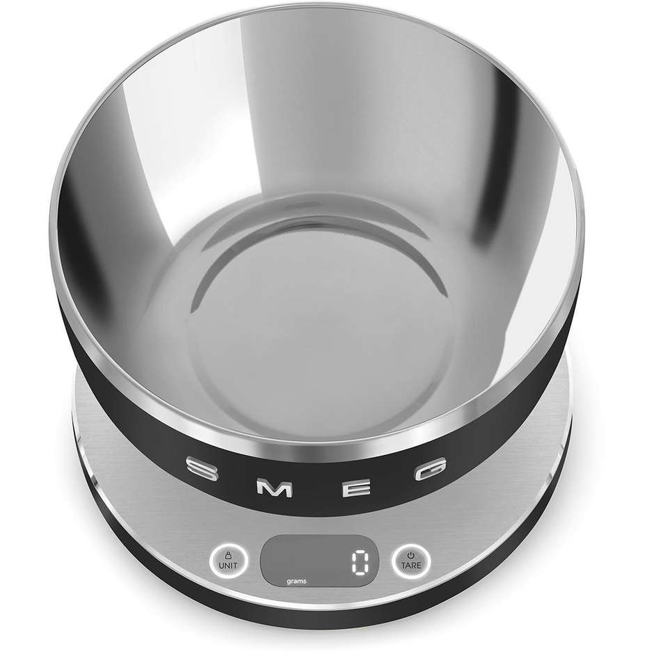 Smeg 50's Style KSC01BLMWW Bilancia Digitale con Ciotola Inox da 1,8L Nero Opaco Ricaricabile USB