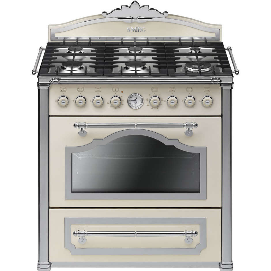 Smeg CC9GPX cucina 90x60 6 fuochi a gas forno termoventilato 77 litri classe B colore panna e argento