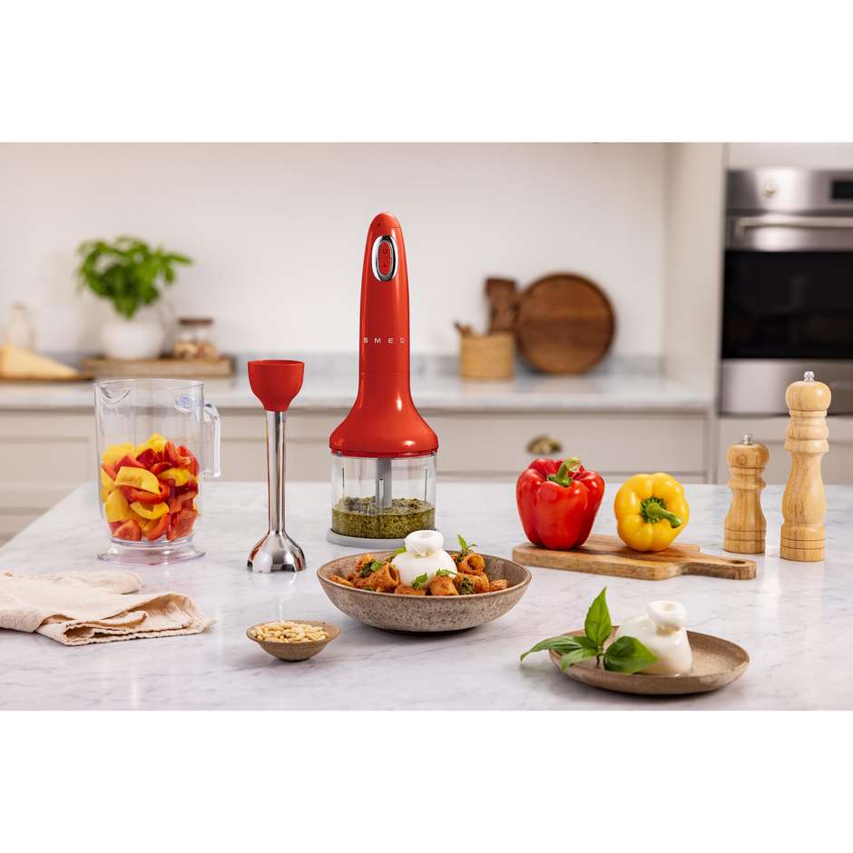 Smeg HBF03RDEU frullatore a immersione 700 W con bicchiere, tritatutto e frusta, rosso