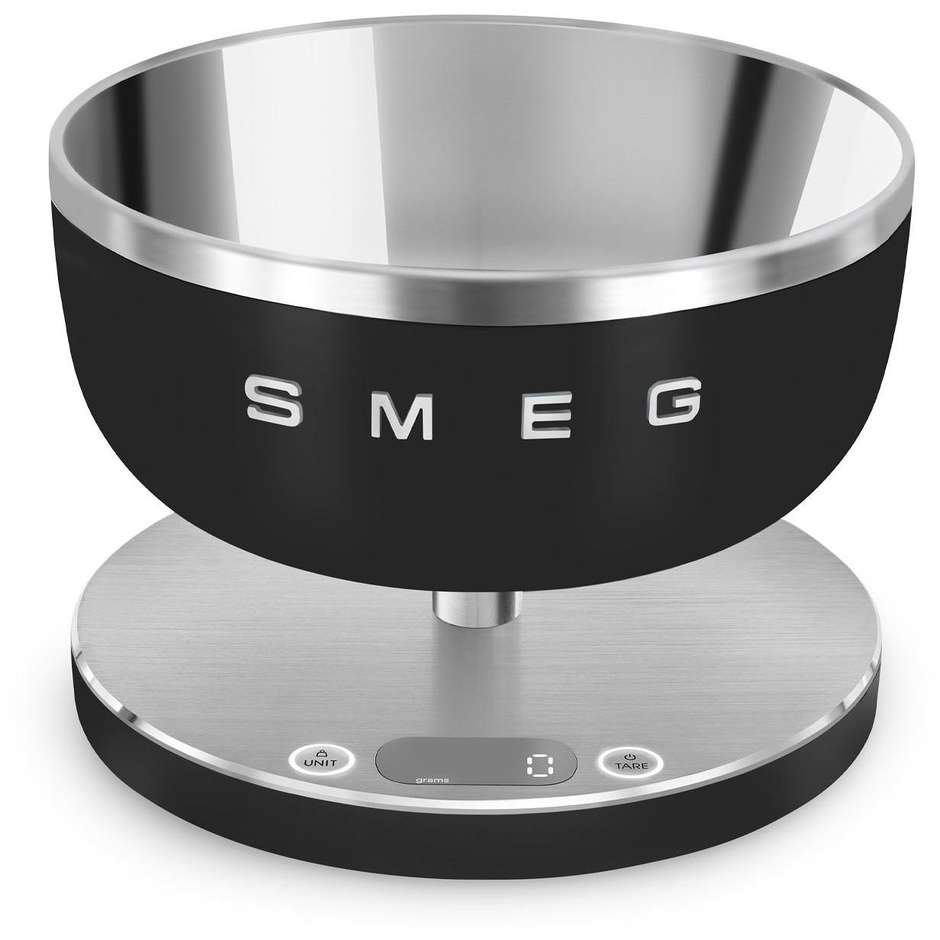 Smeg KSC01BLMWW Bilancia da Cucina Digitale Stile Anni '50 con Ciotola Inox 1.8 L Ricaricabile Nero Opaco