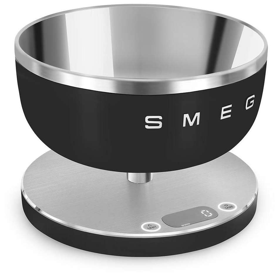 Smeg KSC01BLMWW Bilancia da Cucina Digitale Stile Anni '50 con Ciotola Inox 1.8 L Ricaricabile Nero Opaco