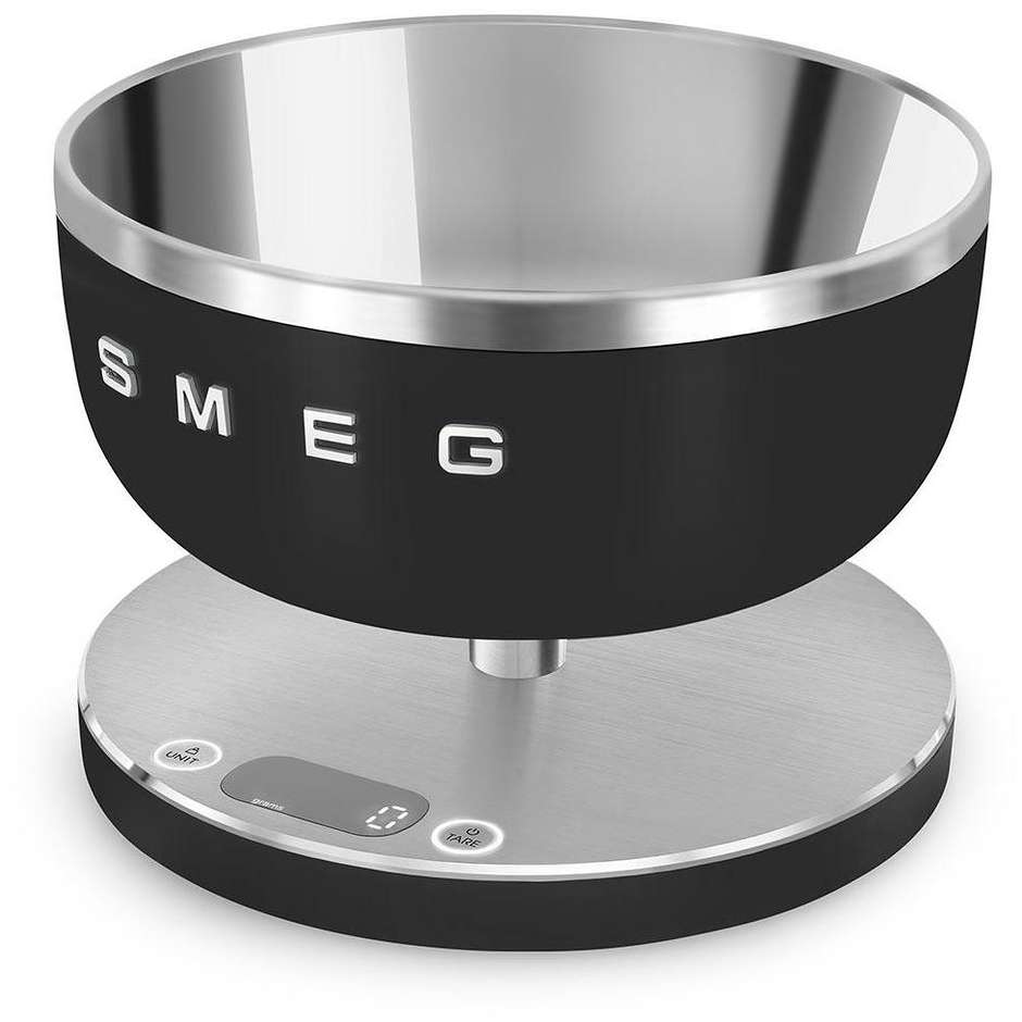 Smeg KSC01BLMWW Bilancia da Cucina Digitale Stile Anni '50 con Ciotola Inox 1.8 L Ricaricabile Nero Opaco