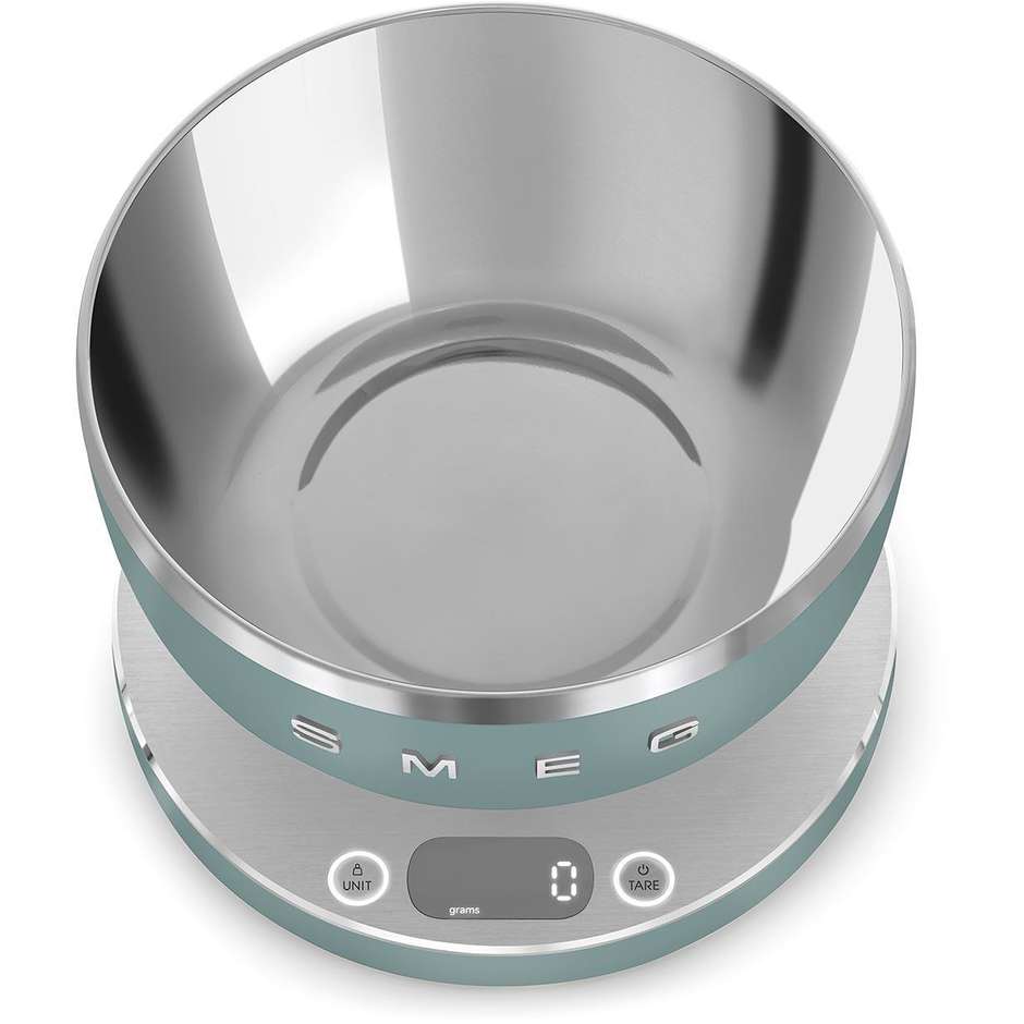 Smeg KSC01EGMWW Bilancia da Cucina Elettronica Digitale 5 kg / 1 g con Ciotola Inox 1,8 L, Verde Chiaro e Acciaio Inox