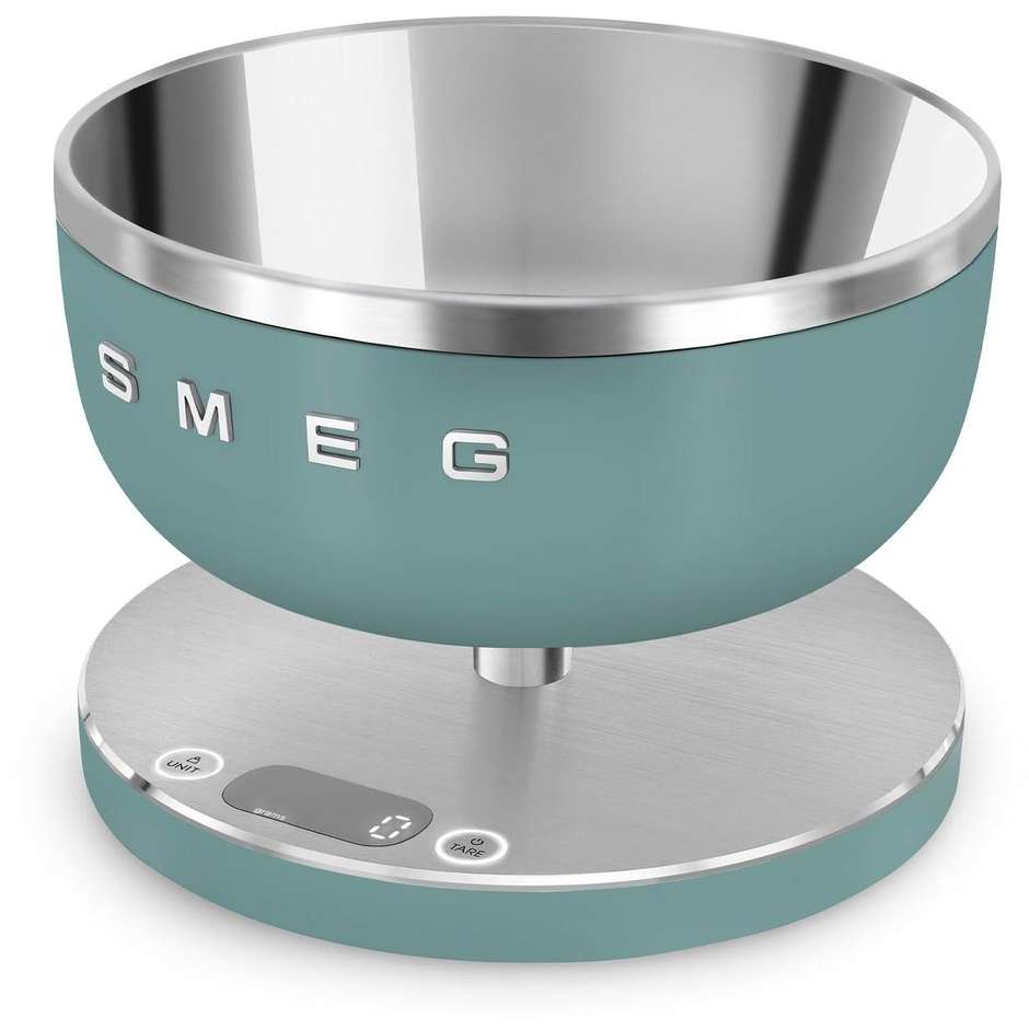Smeg KSC01EGMWW Bilancia da Cucina Elettronica Digitale 5 kg / 1 g con Ciotola Inox 1,8 L, Verde Chiaro e Acciaio Inox